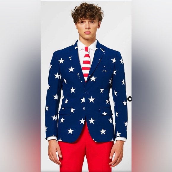 OppoSuits America Blue Star 4th of July Suit Jacket Blazer Men's size 36 Small - Picture 1 of 12